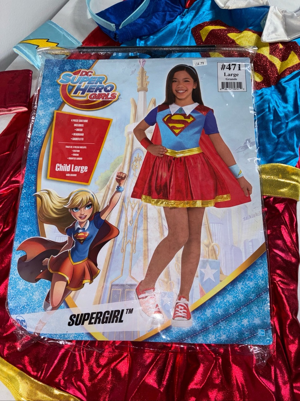 DC Super Hero Girls Supergirl Costume Girls Large 12-14 Dress Cape 4 Piece